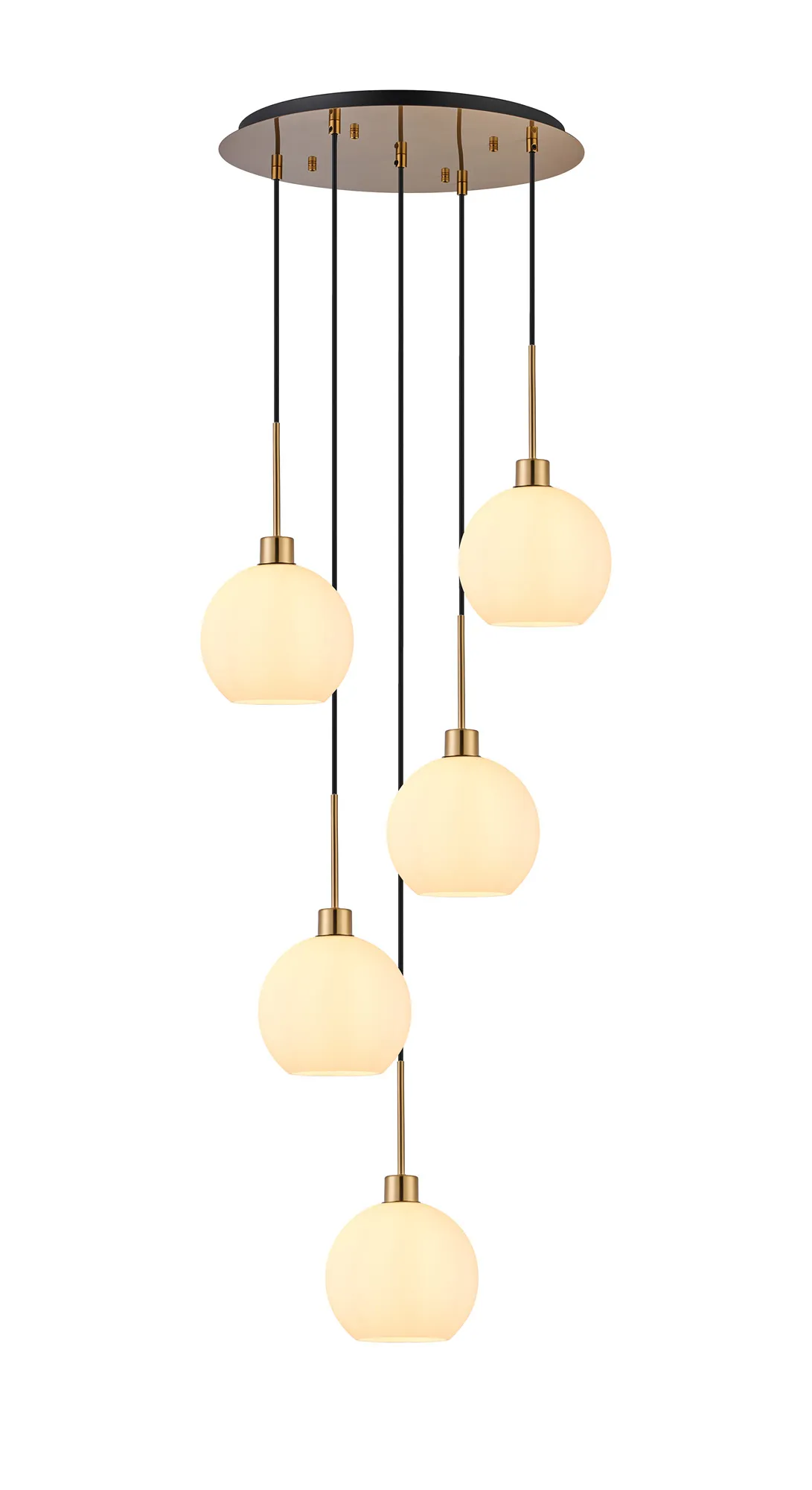 DK1194  Lori cm Round Pendant, 5 Light Adjustable E27, Antique Gold/Opal Open Mouth Round Globe Shades